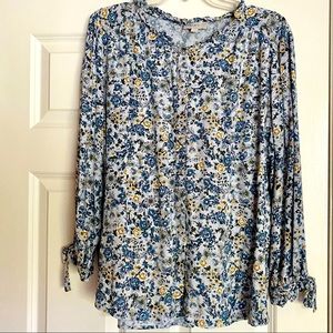 LOFT blue floral button down blouse with ruffled neckline and tie sleeves- XL